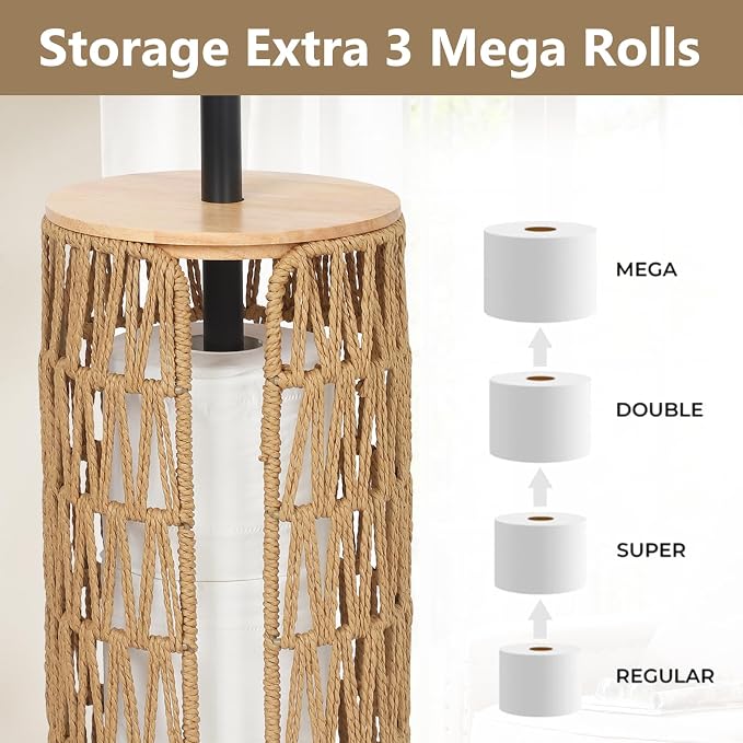 Trongee Freestanding Toilet Paper Holder with Storage,3 Rolls of Boho Toilet Paper Holder Stand with Lid,Gold Toilet Tissue Holder Stand Rattan Paper Storage Wicker Toilet Roll Holder Basket