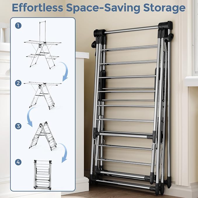 APEXCHASER Large Capacity Foldable Clothes Drying Rack, Heavy Duty Stainless Steel Laundry Drying Rack with Top Hanger, Multi-Layer Indoor Outdoor Air Dryer for Home Balcony Laundry Room