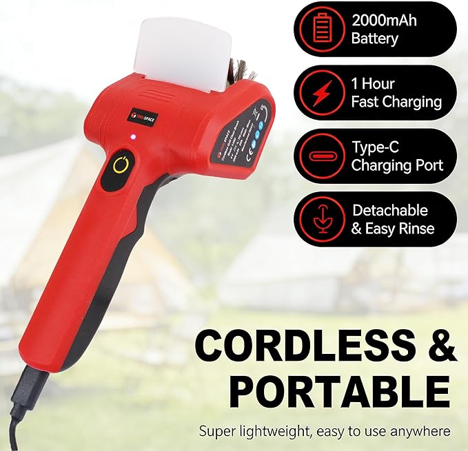 TOOLSPACE Cordless Electric Grill Brush, Rechargeable Grill Cleaner with 2PCS 360° Rotating Brush Heads, 700 RPM Powerful Cleaning for Outdoor Grills, Griddles & Barbecues