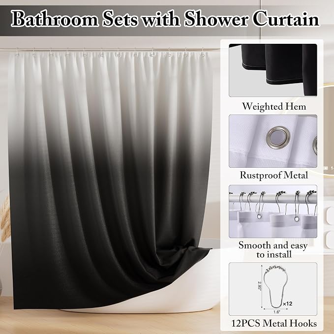 XLHOMO Bathroom Accessory Set - 24PCS Luxury Bathroom Accessories Set, Bathroom Sets with Shower Curtain and Rugs, Black Bathroom Set with Trash Can, Toothbrush Holder & Soap Dispenser for Home Decor