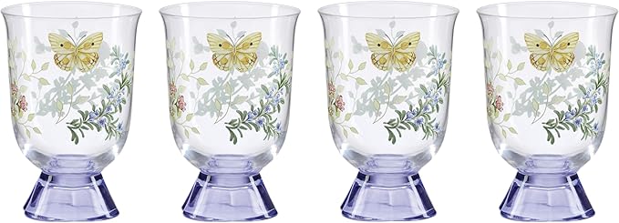 Lenox Butterfly Meadow Herbs Short Glass Tumblers, Set of 4 | Non-lead crystal, hand wash only | 5.5 inch height | floral glassware, drinking glasses | 13.5oz, gift for women