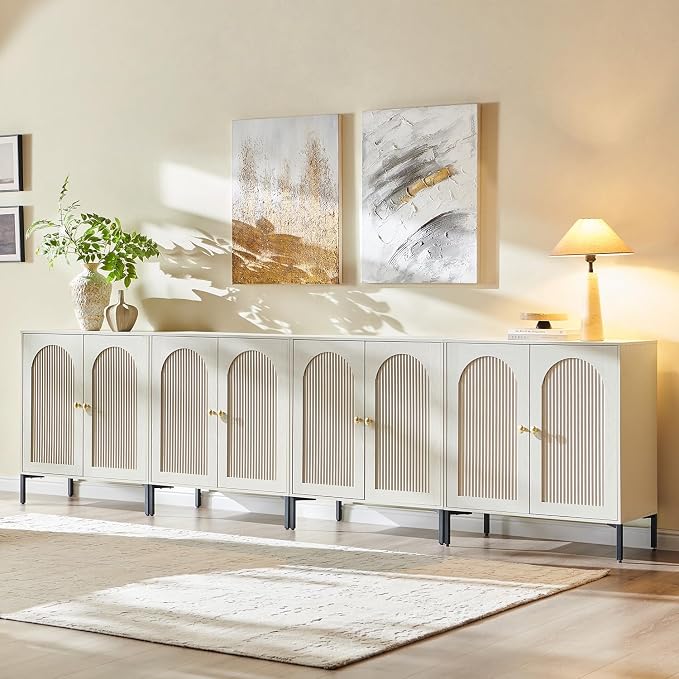 IFGET 123.5" W Modern Arched Sideboard Buffet Cabinet with Storage, Cream | Fluted Arch Sideboard Cabinet w/Adjustable Shelves, Wooden Modular Kitchen Cabinet for Dining& Living Room, Kitchen, Entryway