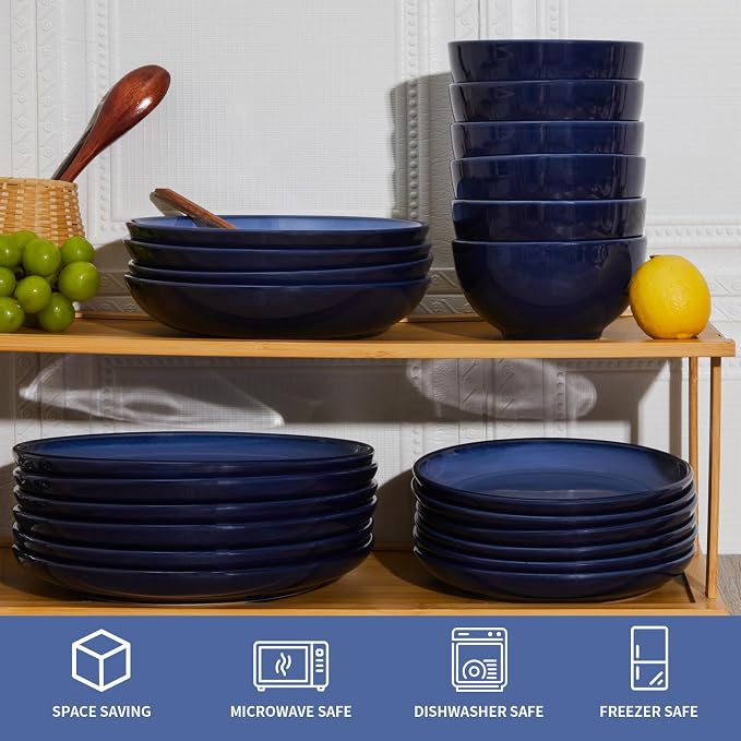 Pokini Blue Stoneware Dinnerware Set, 12 pcs Reactive Glaze Plates and Bowls Sets, Handmade Round Dishes Set for 4, Highly Chip and Crack Resistant Modern Plate Set