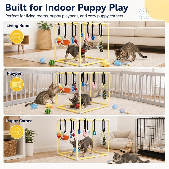 Puppy Play Gym with 17 Hanging Toys, 22" Indoor Dog Jungle Gym | Interactive Enrichment Activity Center for Active Small Dogs, Puppies & Cats, Teething & Squeaky Toys, Stable PVC Frame