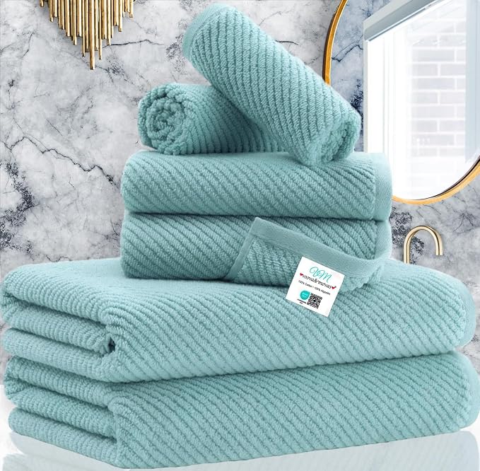 VOOVA & MOVAS 6PC Towel Set, 100% Cotton, Aqua Teal | 2 Bath 30x56 In, 2 Hand 18x28 In, 2 Washcloths 13x13 In, Thick, Soft, Quick Dry, Luxury Shower Towel Set