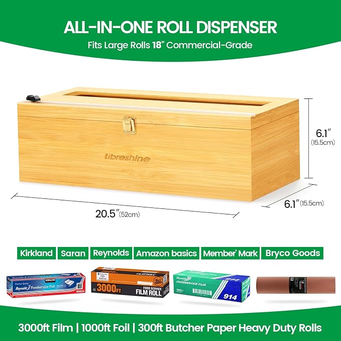 Libreshine 18 Inch Plastic Wrap Dispenser with Cutter & Roller, Heavy Duty Bamboo Commercial Film Wrap Holder for 3000ft Food Service Cling Film, 1000ft Foil, Butcher/Freezer/Kraft Paper