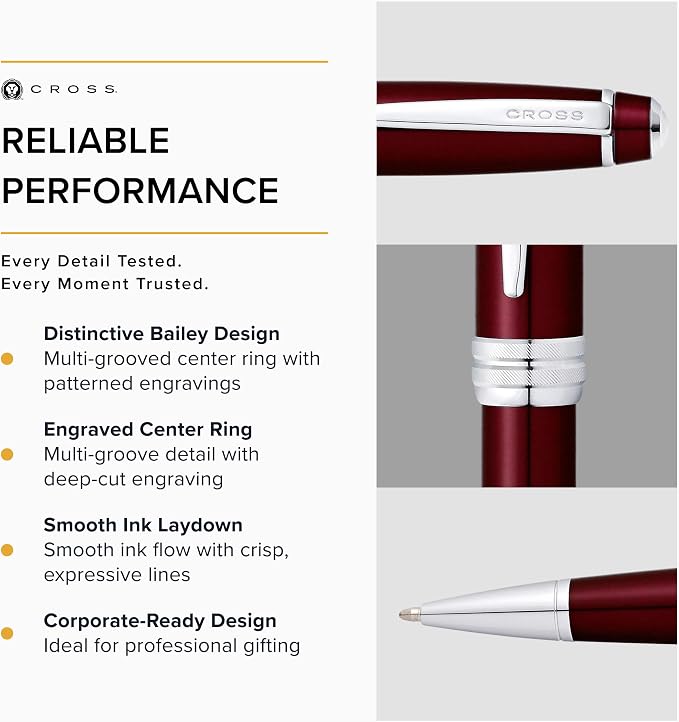 Cross Bailey Red Lacquer Ballpoint Pen - Refillable Pen for Long-Lasting Use - Smooth Writing - Comfortable Grip - Stylish Distinctive Look - Black Ink - Corporate Gifts
