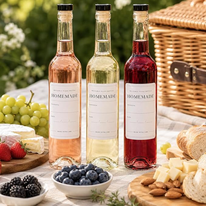 TBWIND 12 Pack 16oz Clear Glass Wine Bottles, 500ml Liquor Bottles with T-Top Corks & Shrink Capsules for Limoncello, Mead, Kombucha & Vanilla Extract, Includes Funnels & Brush