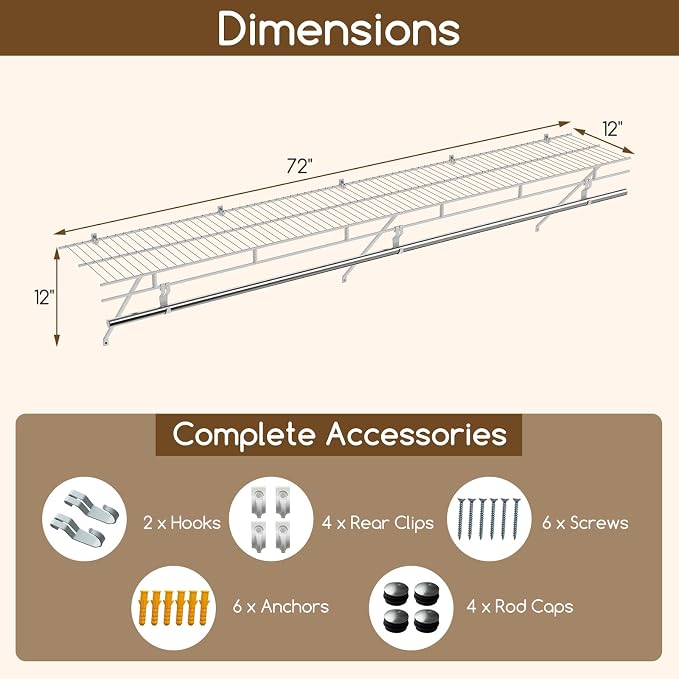 COSTWAY Closet Shelves Wall Mounted, Ventilated Shelf with Hanging Rod | Metal Wire Shelving Kit, Wire Wall Shelf for Laundry Room, Bedroom, Home, Mounting Accessories Included (6 ft x 12 in)