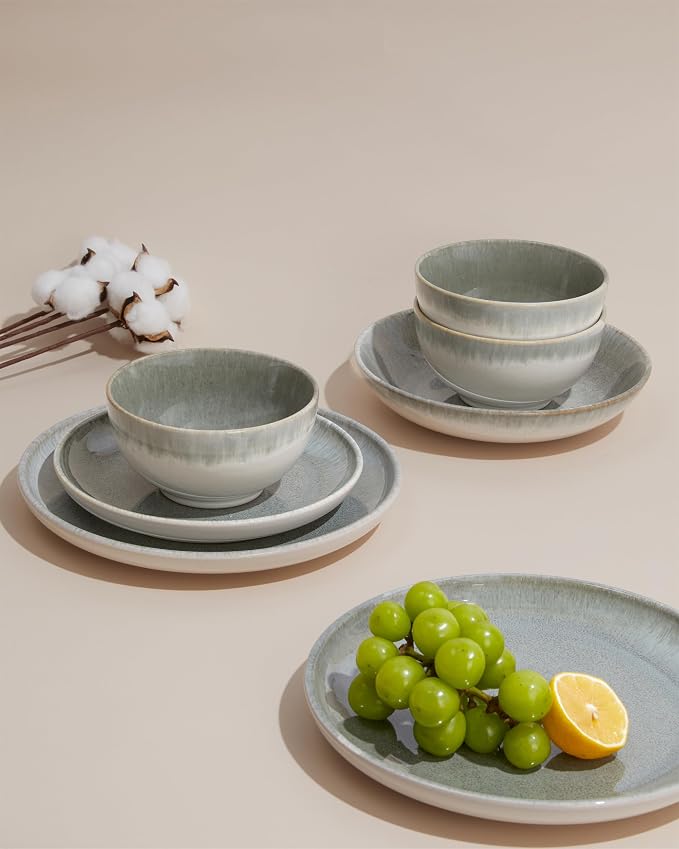Pokini 24 Piece Dinnerware Sets for 8, Modern Stoneware Plates and Bowls Sets, Perfect for Family Gatherings & Holiday Celebrations, Easy Cleaning Dishes, Stack Compactly Plate Set, Gradient Green