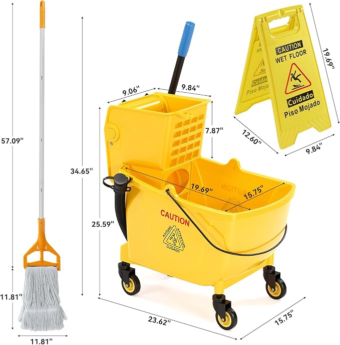 38 Qt Commercial Mop Bucket with Side Press Wringer on Wheels, Including Wet Floor Caution Sign, 1 Heavy Duty Industrial Mop, 1 Mop Head Replacement and a Pair of Gloves