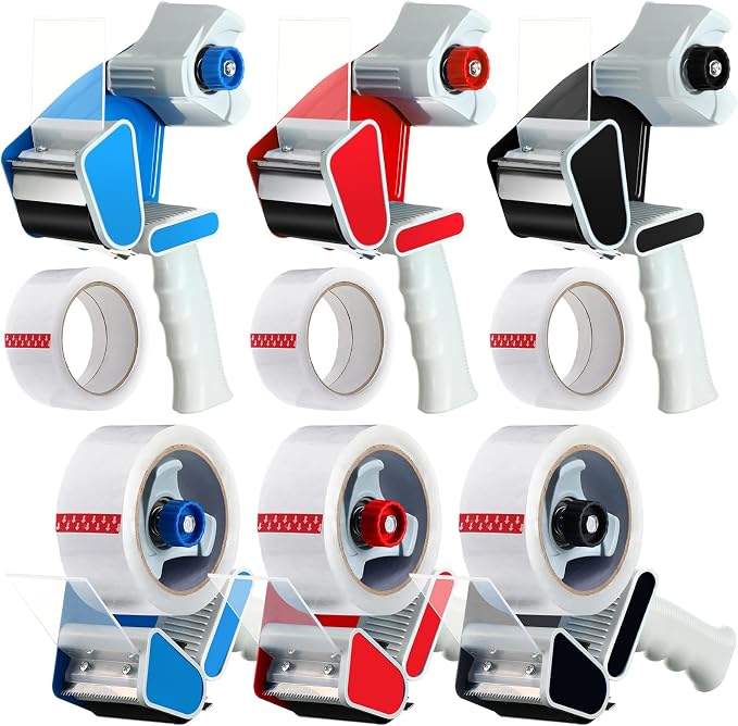Dunzoom 6 Pack Heavy Duty Packing Tape Dispenser Gun with 6 Rolls 2 Inch 2.7 Mil Thick Handheld Tape Gun for Moving, Shipping, Sealing Boxes and Packaging