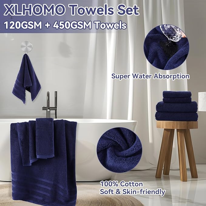 XLHOMO Navy Blue Bathroom Accessories with Bath Towels Ombre Shower Curtain, Blue Bathroom Setwith Trash Can,Toothbrush Holder,Toothbrush Cup,Soap Dispenser,Soap Dish,Toilet Brush and Qtip Holders
