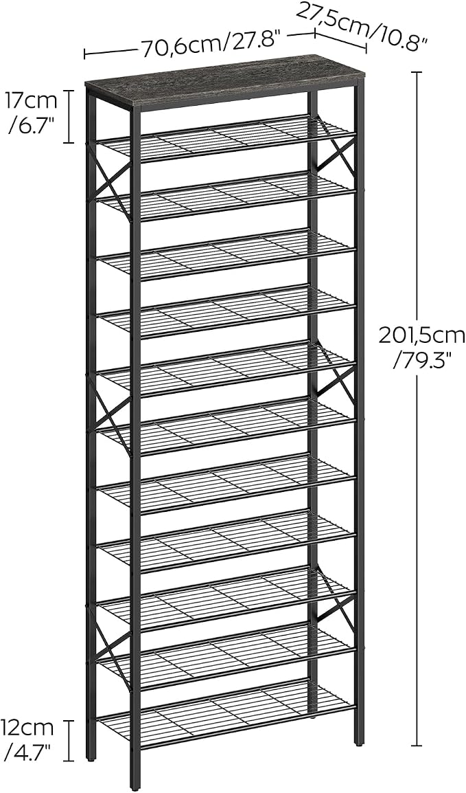 YATINEY 12 Tier Shoe Rack, Large Capacity Shoe Storage Organizer Holds 48 Pairs, Sturdy and Stable, for Entryway, Hallway, Closet, Dorm Room, Charcoal and Black SS12BC