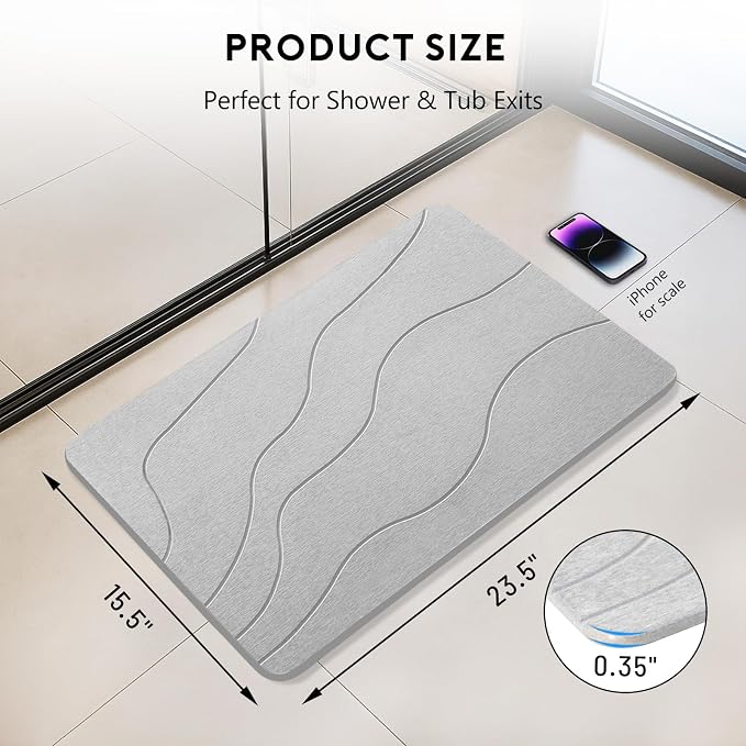 Stone Bath Mat, Quick-Dry Diatomaceous Earth Shower Mat, Absorbent Bathroom Mat for Shower/Tub Exit, New Apartment Essential & Housewarming Gift, 23.5" x 15.5" Light Gray Wave
