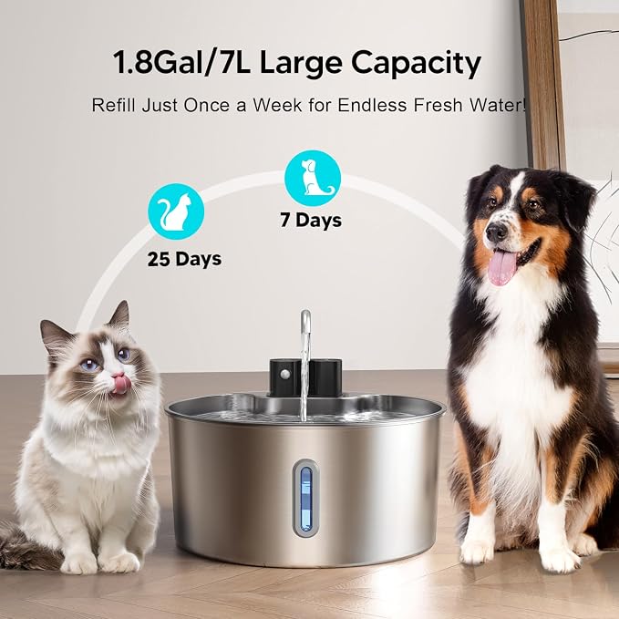 Voluas 7L Wireless Dog Water Fountain with 6 Filters, Stainless Steel | 236oz capacity, 4-layer filtration, ultra-quiet pump, water level window, easy clean for large dogs