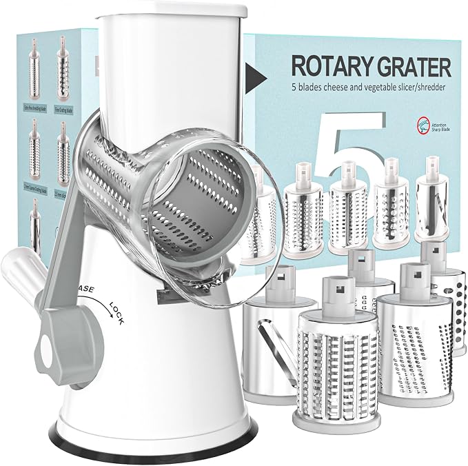 Cambom Rotary Cheese Grater Hand Crank Cheese Shredder for Fresh Cheese, Vegetable, Nuts,Non-slip Suction Base, Five Blades, White