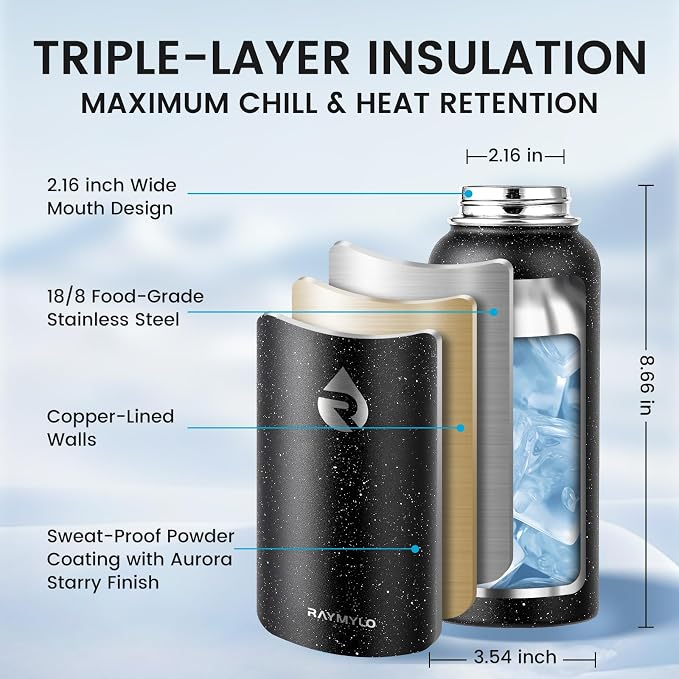 RAYMYLO Insulated Water Bottle 32 oz, Triple Wall Vacuum Stainless Steel (Cold for 24Hrs, Hot for 12Hrs), Leak Proof & Non-BPA, Modern Water Flask Jug with Paracord Handle & Straw Spout Lids