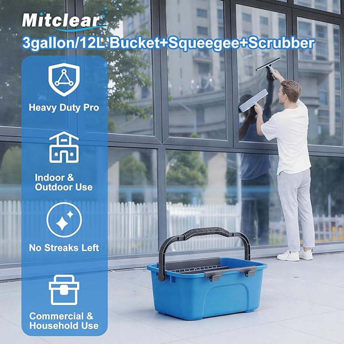 Mitclear Professional Window Cleaning Kit with Bucket 3 Gallon, 14'' Silicone Squeegee, 14'' Microfiber Scrubber, Cloth, Window Washing Equipment Cleaner Tools, Commercial & Home, Car, Outdoor