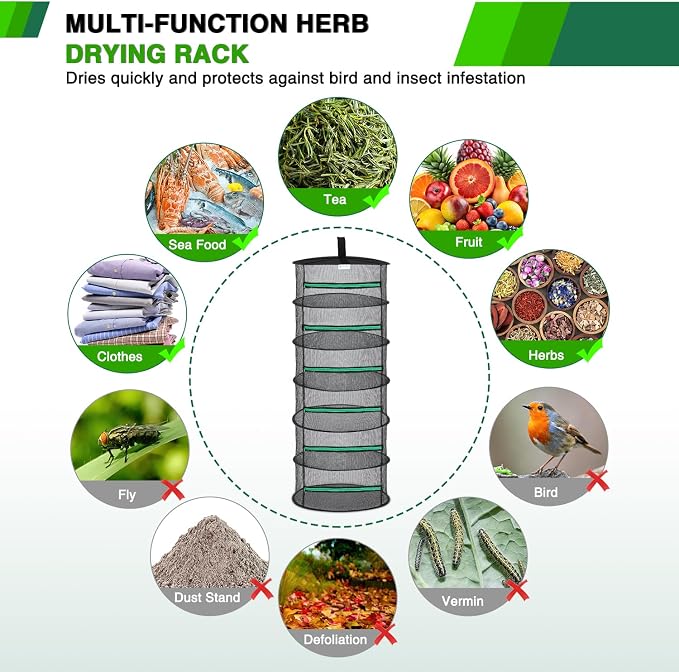 Yesker 6 Layer Herb Drying Rack Hanging Mesh Net Foldable Plant Drying Racks 24" Diameter with Green Zipper & Hook Dryer Hanging Rack for Herbs Seed Bud Fruit Clothes Grow Tent Closets Garden Outdoor | 24" Diameter with Green Zipper & Hook Dryer Hangin...