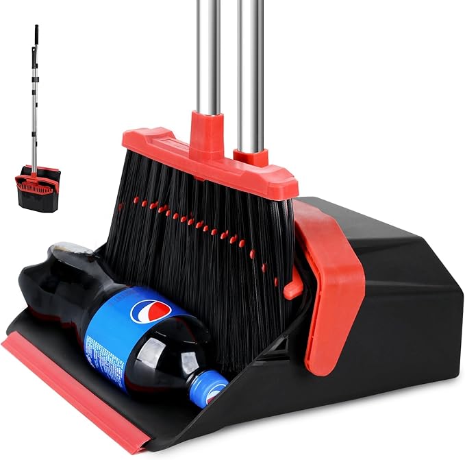 Tiumso Upgrade Broom with Dustpan Combo Set, Broom and Dustpan Set with 51'' Long Handle, Dust Pan and Brooms, ZeroGap Lip, Self-Cleaning Dustpans Teeth for Lobby Kitchen Restaurant - Black and Red
