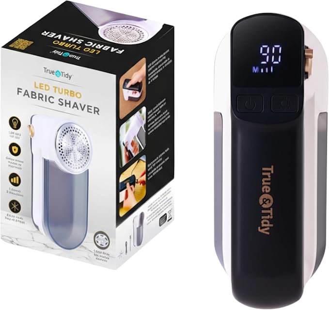 True & Tidy LED Turbo Fabric Shaver | Cordless Lint Remover with Digital Display & 3 Speeds – Perfect for Clothes, Couch & Furniture Defuzzing, White