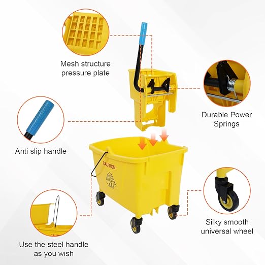 35 Qt Commercial Mop Bucket with Side Press Wringer on Wheels,Yellow Industrial Mops and Bucket Set for Floor Cleaning,Including 1 Industrial Mop ﻿