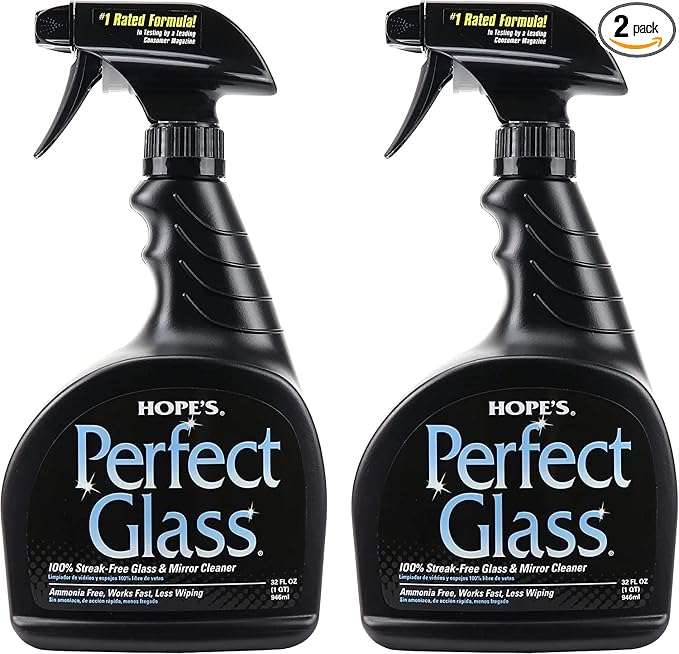 HOPE'S Perfect Glass Cleaner Spray, Streak-Free, Ammonia-Free Window, Mirror, Screen, Tinted Glass, and Shower Door Cleaner, Indoor and Outdoor Glass Surfaces, 32 Fl Oz, Pack of 2