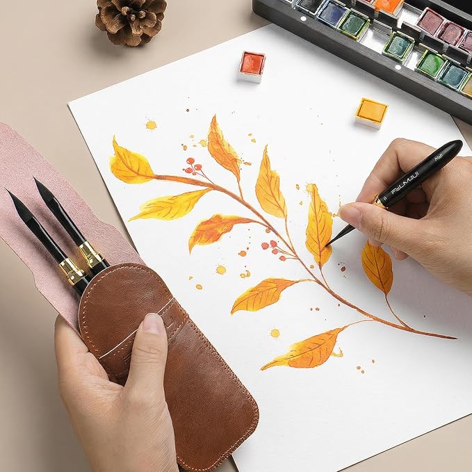 Fuumuui Travel Watercolor Brushes - 3pcs Dual-Tip with 6 Versatile Tip Styles - Premium Synthetic Squirrel Hair Travel Paint Brush Set for Plein Air Painting - Watercolor Acrylic Gouache Ink