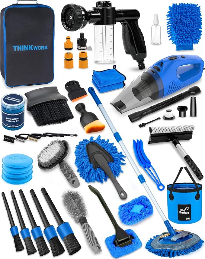 THINKWORK Car Detailing Kit with Foam Gun & Vacuum, 41Pcs Car Cleaning Supplies | Complete Wash Kit, 7600PA Corded Vacuum, Car Wash Mop, 20L Folding Bucket, Detailing Brush Set for Interior & Exterior, Blue