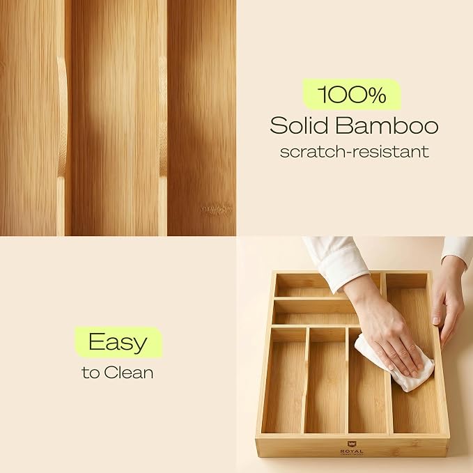 Drawer Organizer with Knife Block for Kitchen Organization, Bamboo Silverware Drawer Organizer, Compact Bamboo Cutlery Tray for Flatware and Utensils, Removable 7-Slot Knife Block for Kitchen Drawers