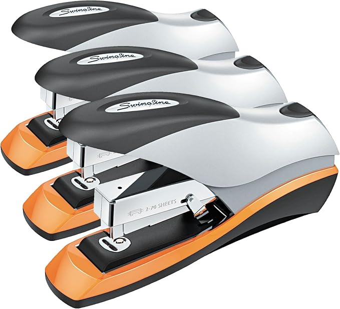Swingline Stapler, 70 Sheet Capacity, Optima 70, Jam Free, Reduced Effort, Soft Grip, Metal, Silver/Black/Orange (87875) (Pack of 3)