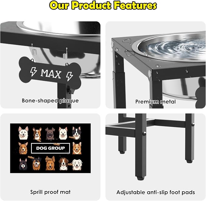 ADENGL 1.32 Gallon Elevated Dog Water Bowl for Large Dogs, 4-Height Adjustable (13–18'') Raised Stainless Steel Bowl with Spill-Proof Mat & Sturdy Metal Stand, Easy-Clean Feeder for Indoor/Outdoor Use