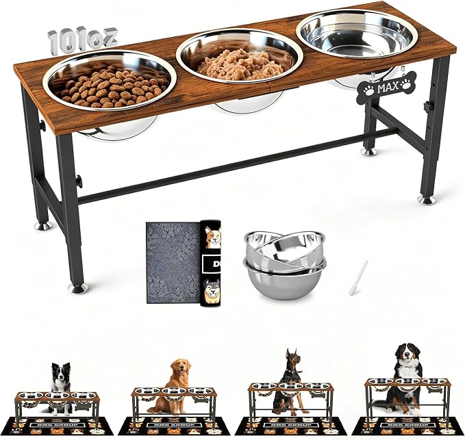 SHAINFUN Adjustable Height Elevated Dog Bowl Stand for Large & Extra Large Dogs – Wooden Raised Dog Bowls with Three 101oz Stainless Steel Bowls & Mat, Stainless Steel Food & Water Station
