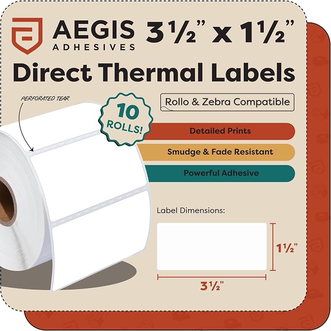 Aegis Adhesives - 3.5" X 1.5" Direct Thermal Labels (9000 Count, 10 Rolls) - Inventory Barcode Stickers, SKU Labels, and Shelf Identification - Compatible with Zebra and Rollo Printers