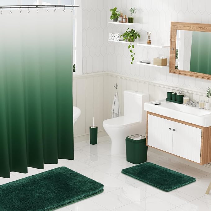 XLHOMO Dark Green Bathroom Accessories Set with Shower Curtain and No-Slip Bath Rugs,24PC Bath Sets with Trash Can, Toothbrush Holder, Cup, Soap Dispenser, Tray, Soap Dish, Toilet Brush, Qtip Holders