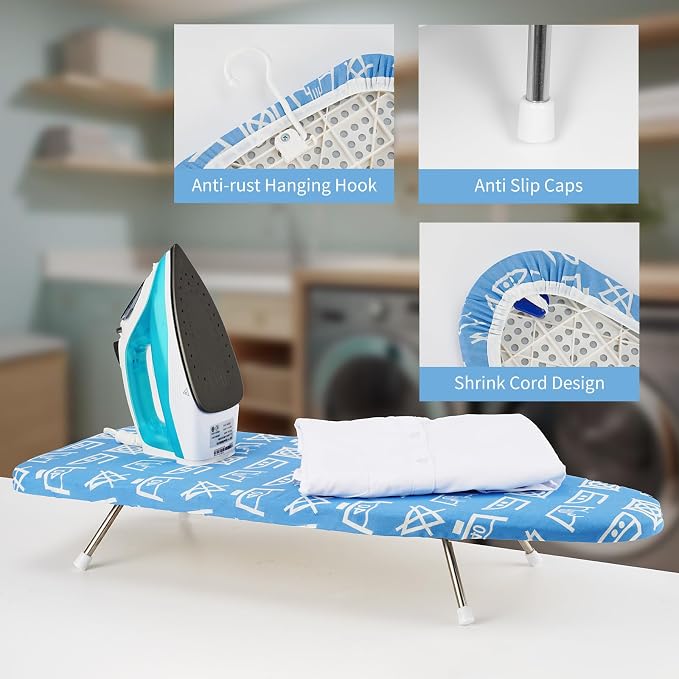 Tabletop Ironing Board 12"x29" – Portable Folding Ironing Board with Thick Felt Padding, Heat-Resistant Cover, Stainless Steel Legs, Compact & Space-Saving Design (Blue Runes)