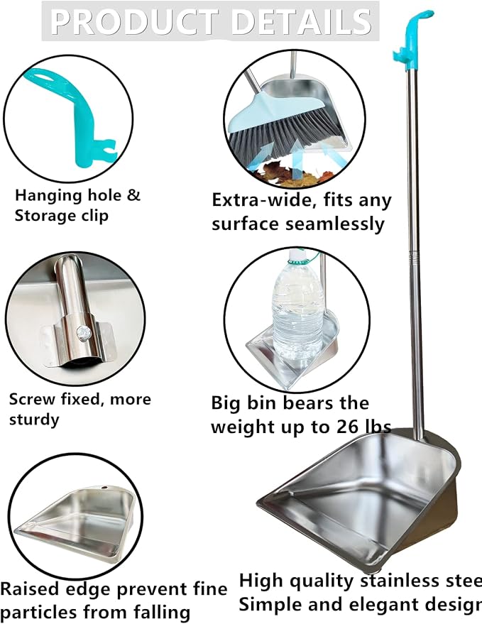 YAYOU Dust Pan with Long Handled for Home, 33.5'' Premium Quality Heavy Duty Stainless Steel Dustpan, Elegant Stand Up Design, Sturdy Dustpans for Home/ Lobby/ Shop/ Office, Dustpan Only