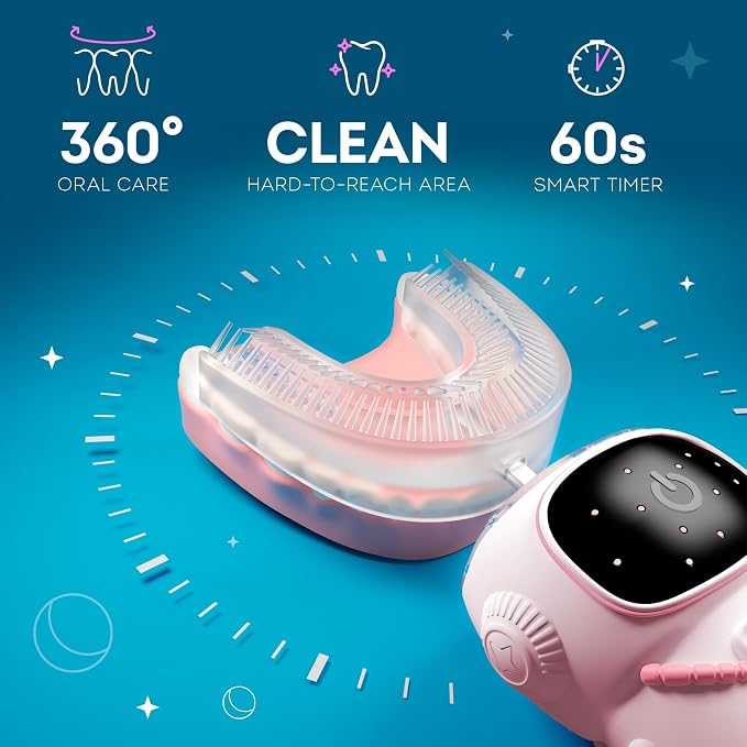 Bendi Kids Electric Toothbrush, U-Shaped Astronaut Design, Ages 2-7, Pink | Sensory-friendly design, 360 whole mouth clean, self-brushing 5 modes, automatic memory, girls 4-6, mouthguard, multi heads
