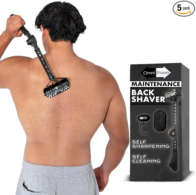 OmniShaver Ergonomic Maintenance Back Shaving Kit - Extendable Handle with Dual Shave Heads for Easy Reach - Includes Lotion Spreader - Self-Cleaning & Self-Stropping - Maintenance Back Shaver for Men