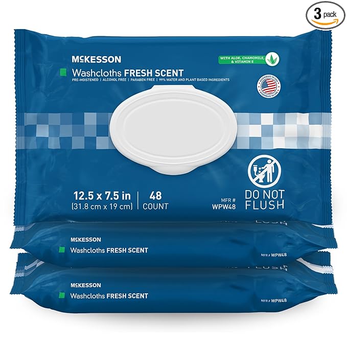 McKesson Washcloth Wipes for Adults, Scented (3 Pack, 144 Washcloths) Disposable Wash Cloths for Body - No-Rinse Formula with Snap Lid - Good for Incontinence and Elderly - 48 Wipes Per Pack