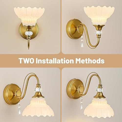 1 Piece Vintage Wall Sconce, 1-Light Brushed Gold Finish Wall Sconce with Hanging Crystal Accents and Flower-Shaped White Shades for Bathroom Bedroom Living Room,Vintage Vanity Light