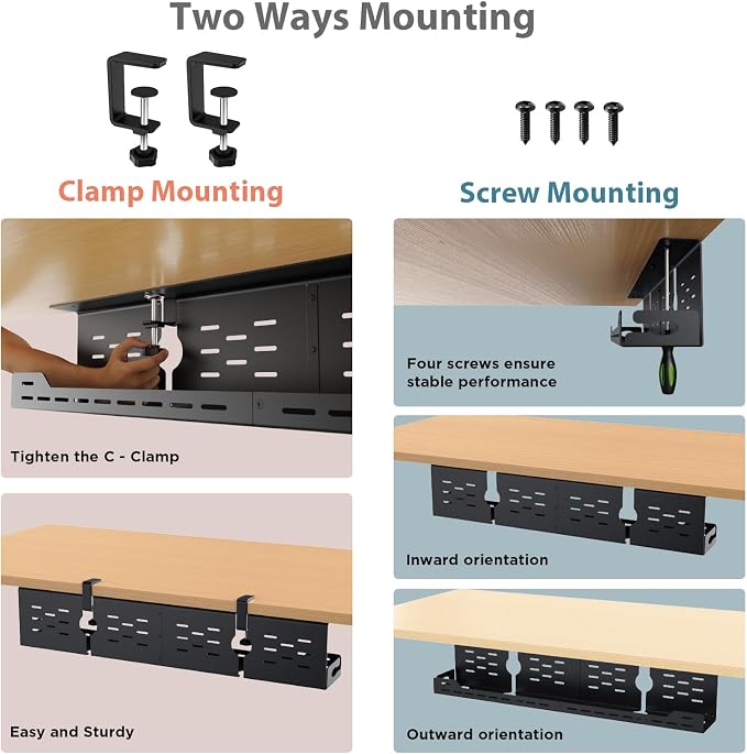 Univivi Under Desk Cable Management Tray - 32" Steel Cord Organizer, No-Drill C-Clamp & Screw Mount for Office/Home, Effortless Wire Management (Black)