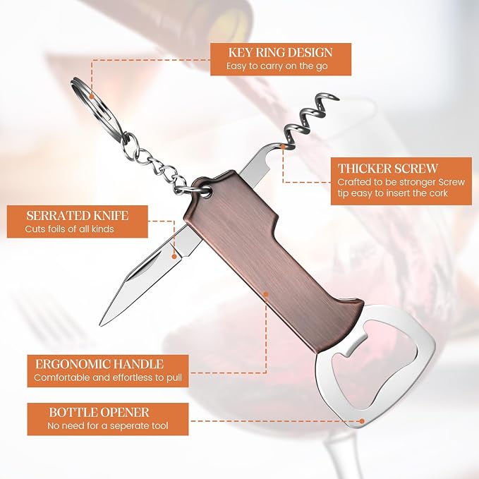 Ziliny 24 Pcs Bottle Opener Keychain Bulk Wine Bottle Beer Opener Keychain 3.27" Stainless Steel Corkscrew Waiter Corkscrew Wine Keyring Gifts for Christmas Bar Party Wedding Home (Red Bronze Color)