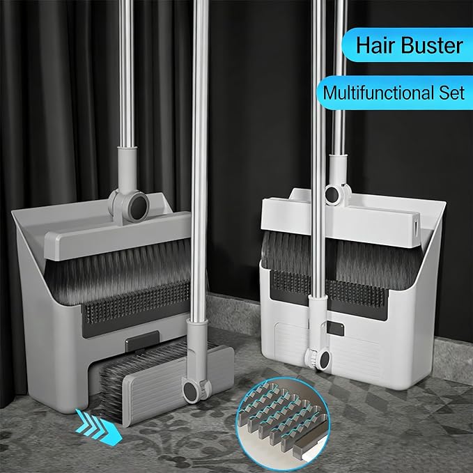 4-in-1 Broom and Dustpan Set with Floor Scrubber & Squeegee, 180° Rotatable Head, Self-Cleaning Teeth, Non-Stick Hair, Foldable Storage, Heavy Duty Cleaning Kit for Home Kitchen Office (White)