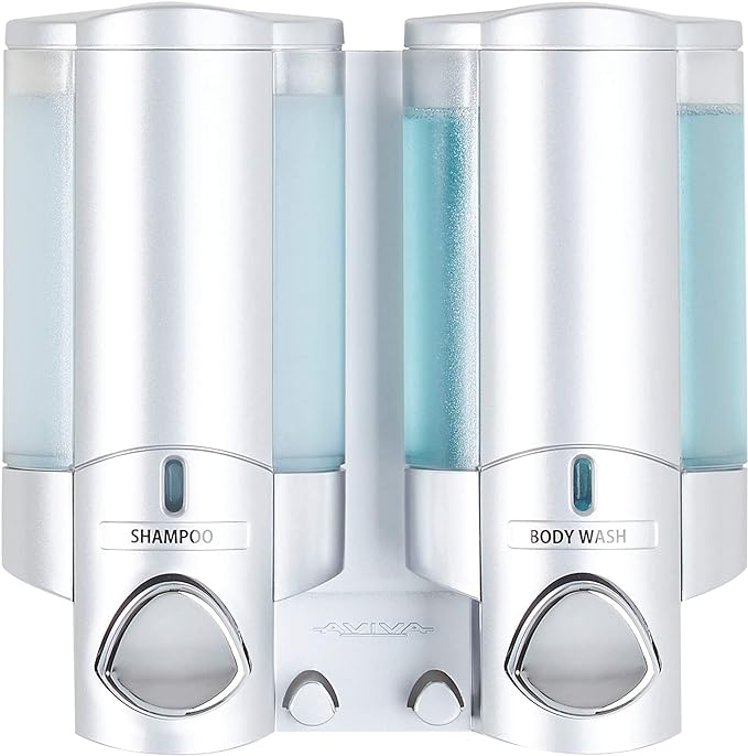 Better Living Aviva Wall Mount Shower Dispenser, 2 x 11oz, Satin Silver | 2 Chamber, Shampoo, Conditioner, Body Wash and Soap Dispenser, Built-in Hooks, No Drill, Waterproof Shampoo Soap Dispenser