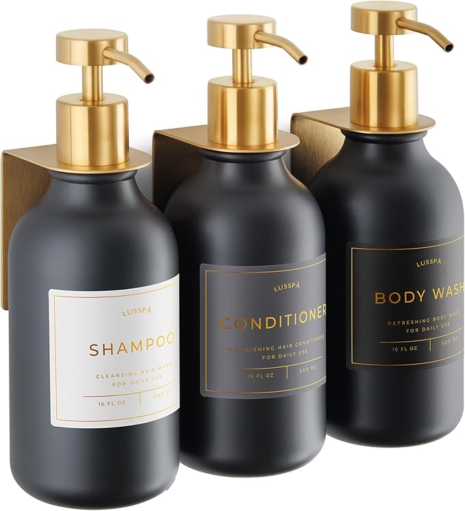 Shower Shampoo Dispenser Wall Mounted – 3 Refillable 16.9 oz Black Bottles with Stainless Steel Pumps & No-Drill Adhesive Holders – Soap Dispenser Set for Bathroom (3 X Black/Gold)