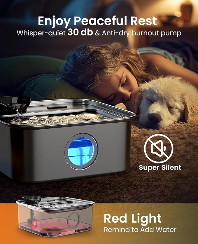 oneisall 10L/2.6Gal Dog Water Fountain for Large Dogs (with 1 Filter) | Deeper & Wider Drinking Area, Visualization Window & Triple Filtration,304 Stainless Steel Dog Water Bowl Dispenser