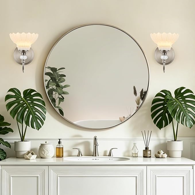 1 Piece Brushed Nickel Finish Wall Sconce, 1-Light Modern Wall Sconce with Hanging Crystal Accents and Flower-Shaped White Shades for Bathroom Bedroom Living Room,Modern Vanity Light