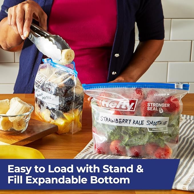 Hefty Freezer Slider Bags, Quart Size Food Storage Bags with Easy Slide Closure for Freezing, Meal Prep and Kitchen Organization, 15 Count (Pack of 2)